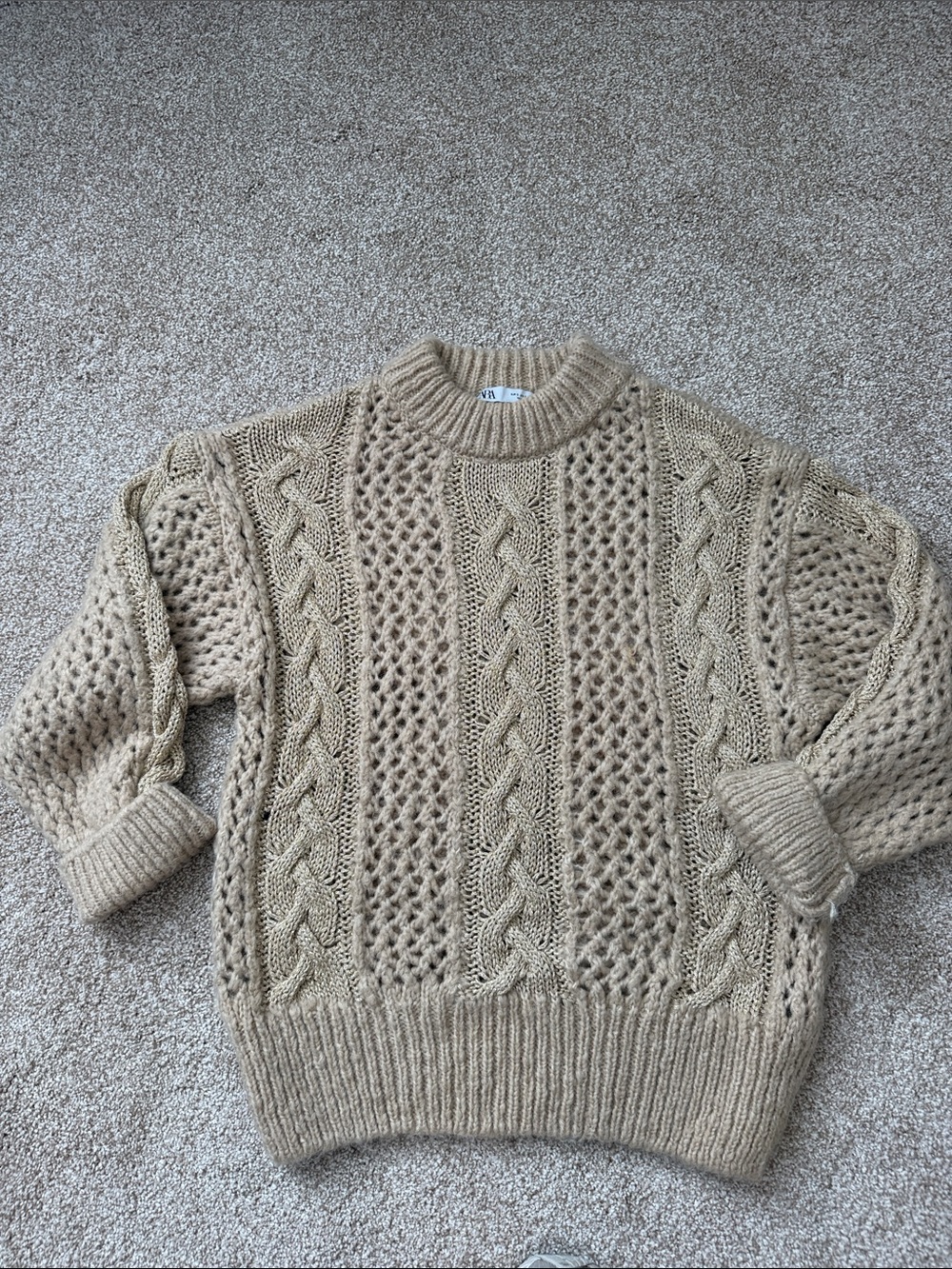Zara Beige Cable Knit Crewneck Sweater